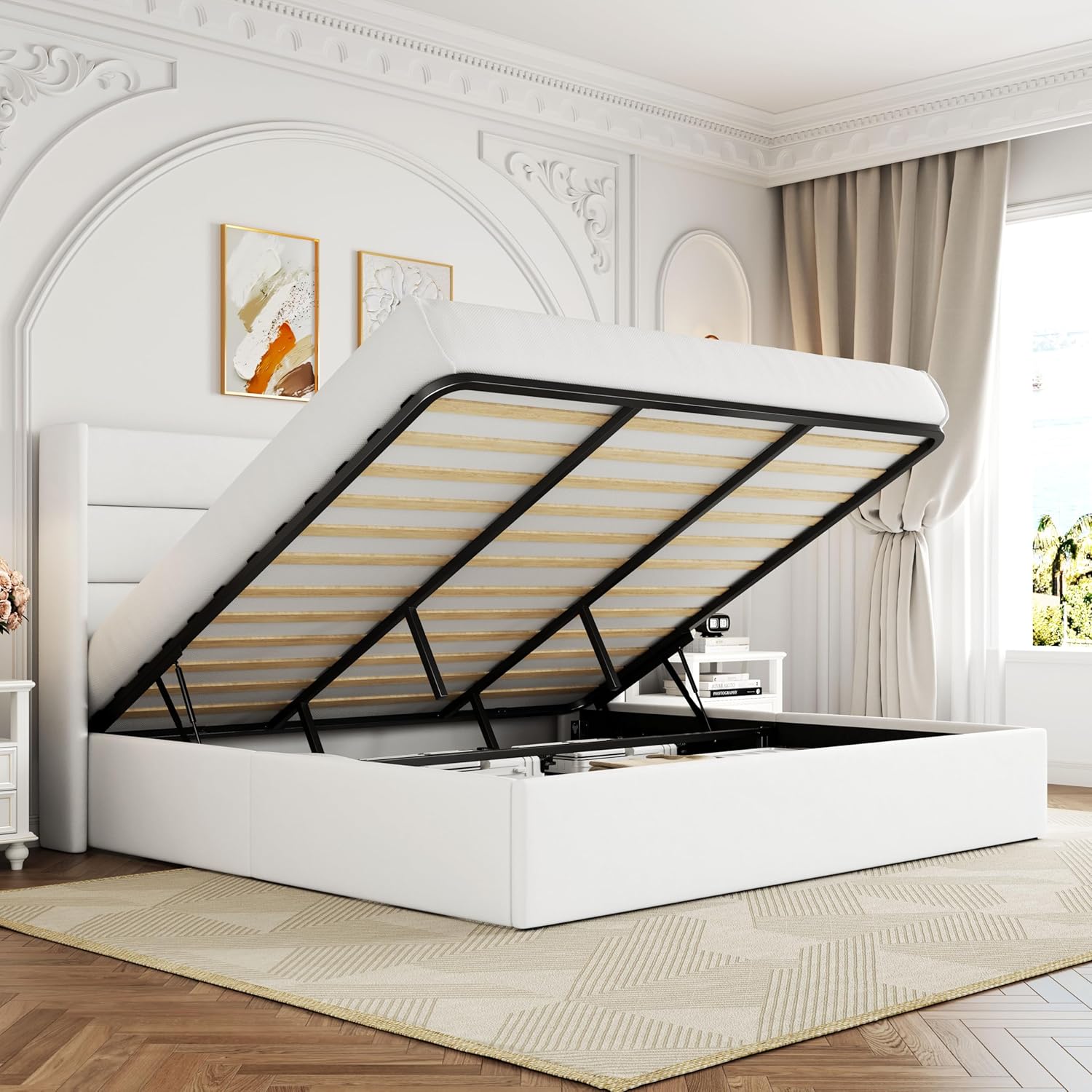 ALLEWIE Queen Size Lift Up Storage Bed with Wingback Headboard
