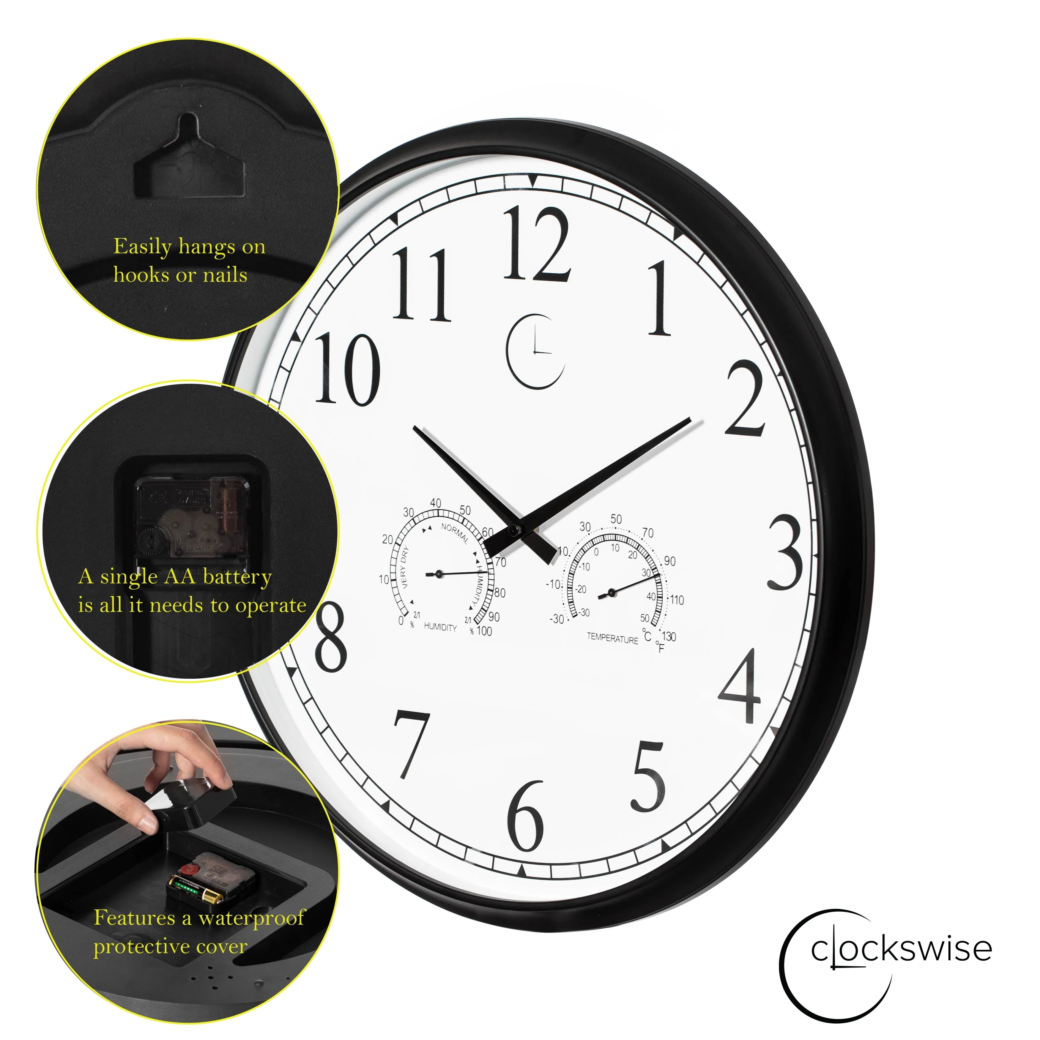Large Outdoor Wall Clock Thermometer Combo, Waterproof Silent Garden Weather Station Home Indoor Patio Pool Black