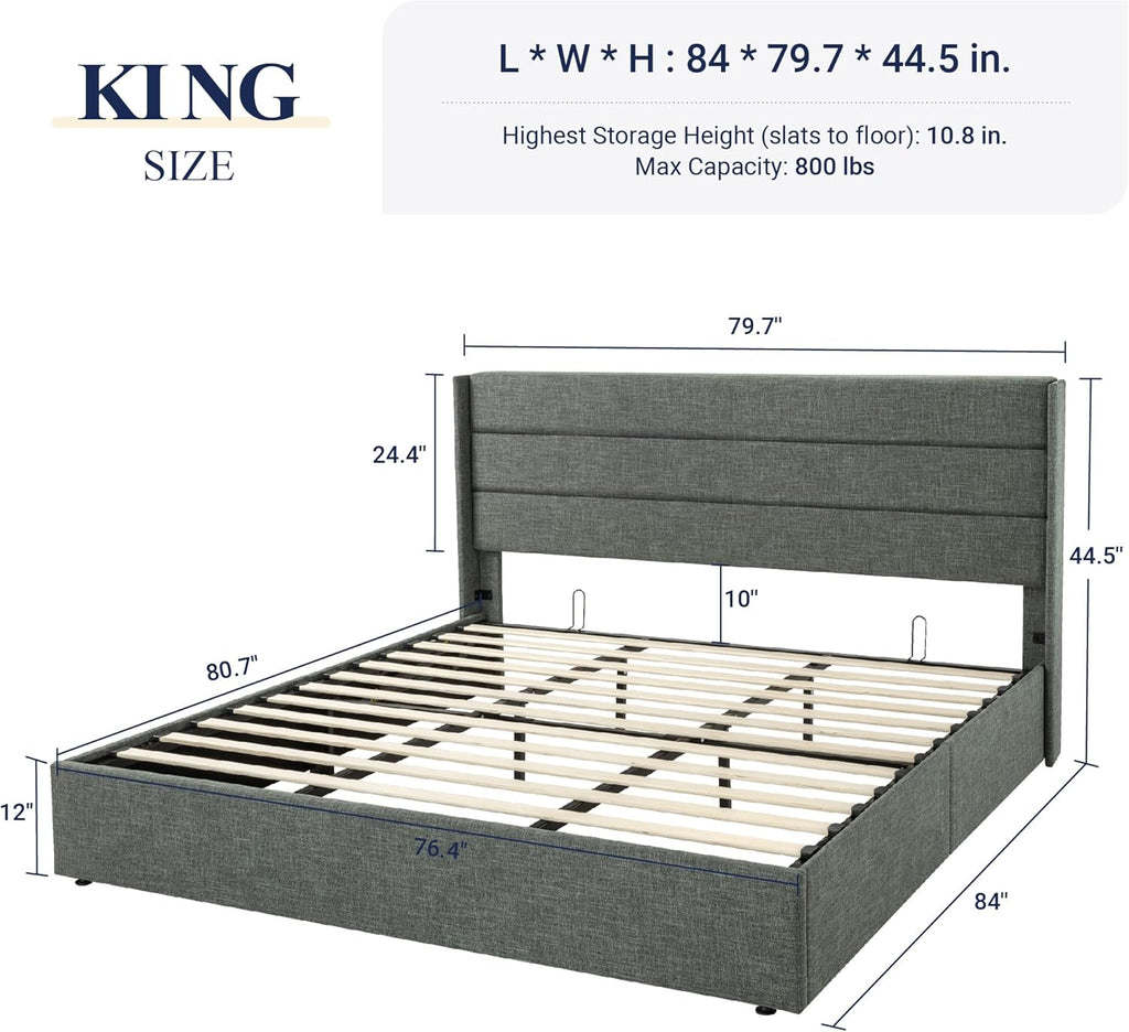 ALLEWIE Queen Size Lift Up Storage Bed with Wingback Headboard