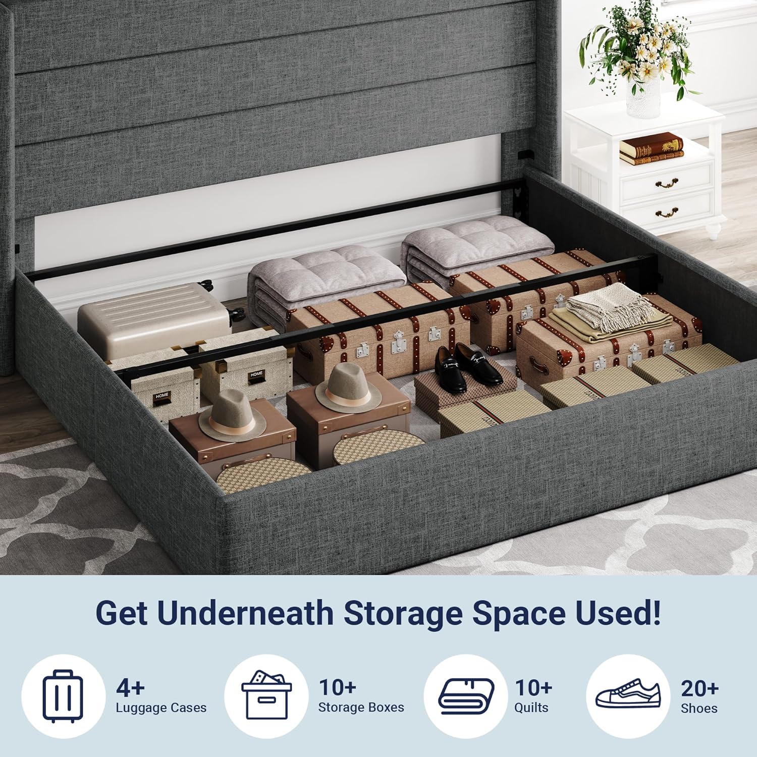 ALLEWIE Queen Size Lift Up Storage Bed with Wingback Headboard