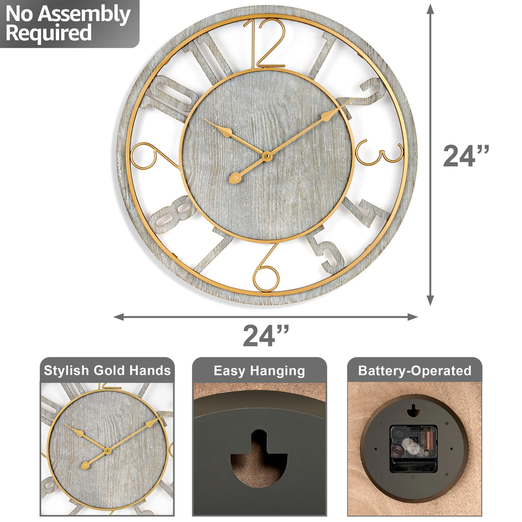 Sorbus Large 24 Decorative Round Wooden Analog Modern Wall Clock Battery Operated With Numeral Style Design