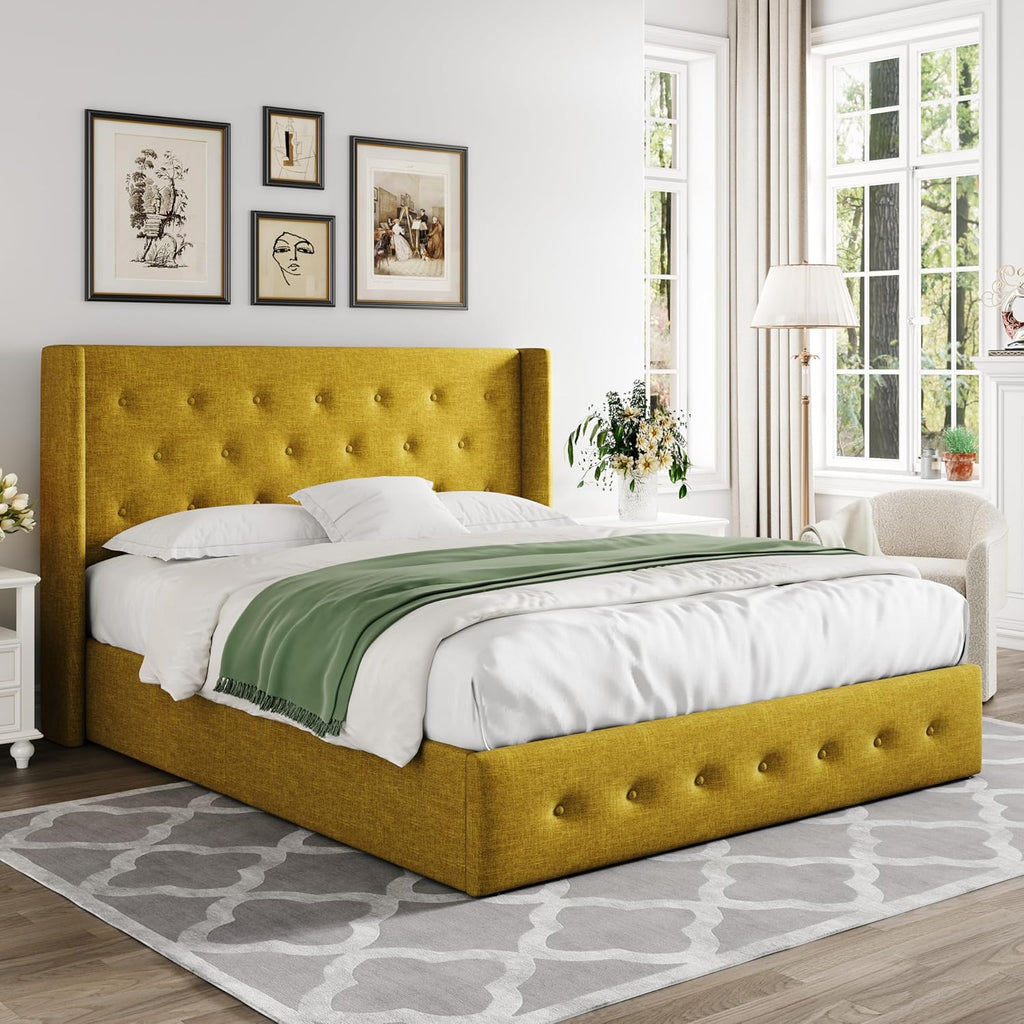 ALLEWIE Queen Size Lift Up Storage Bed with Wingback Headboard