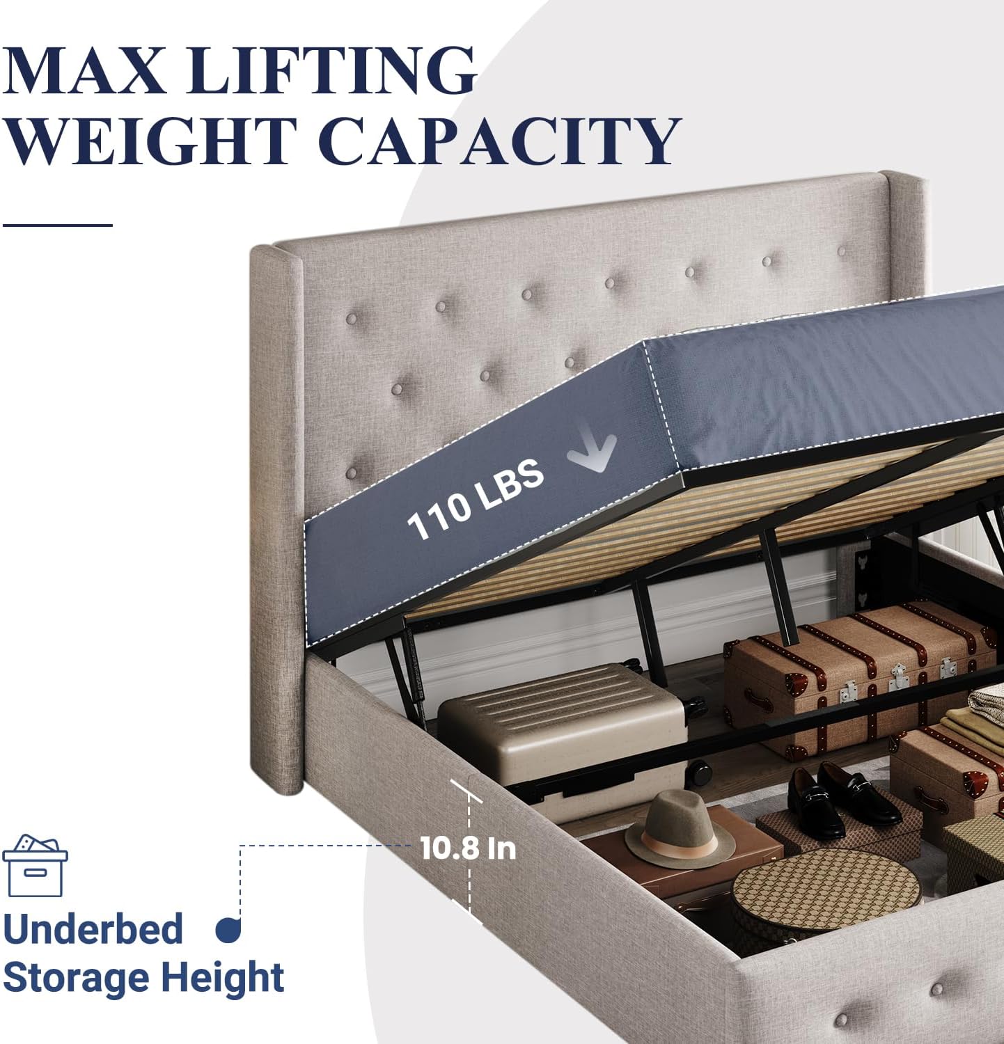 ALLEWIE Queen Size Lift Up Storage Bed with Wingback Headboard
