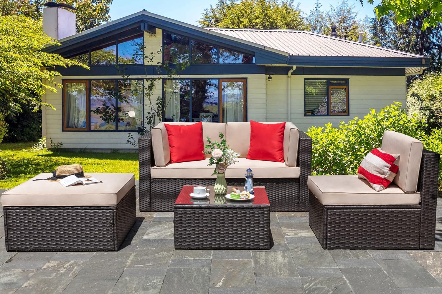 VONGRASIG 5 Piece All-Weather Patio Furniture Set with Ottoman