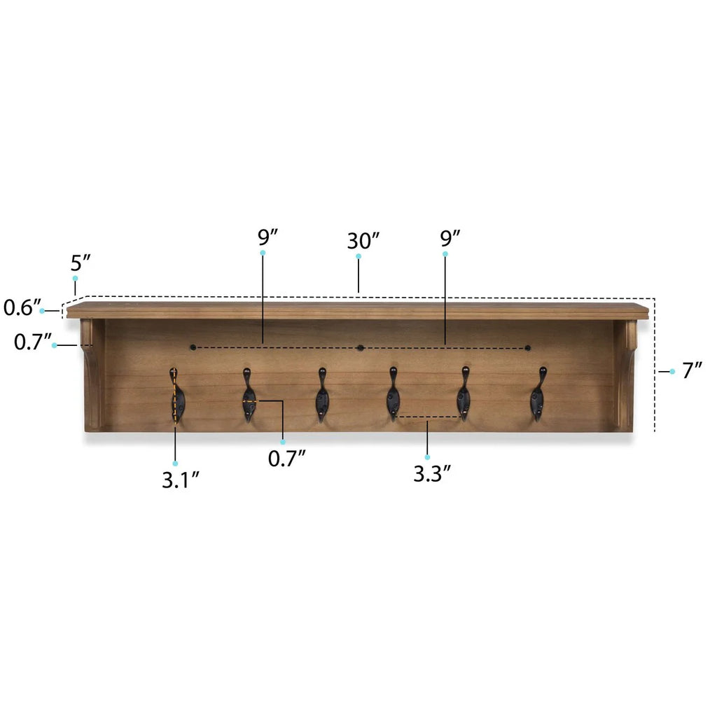 Wallniture Mante Key Holder for Wall, Decorative Mail Holder with Shelf, Large Coat Hooks, Wood Wall Key Hanger