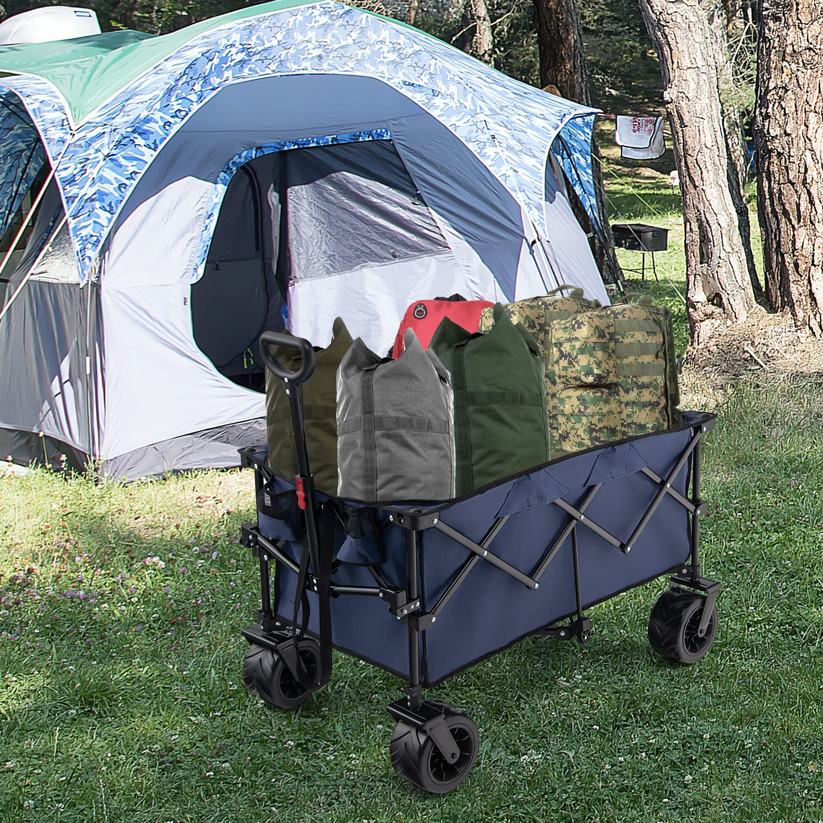 Collapsible Wagon Cart, Foldable Heavy Duty Utility Wagon with Adjustable Handle