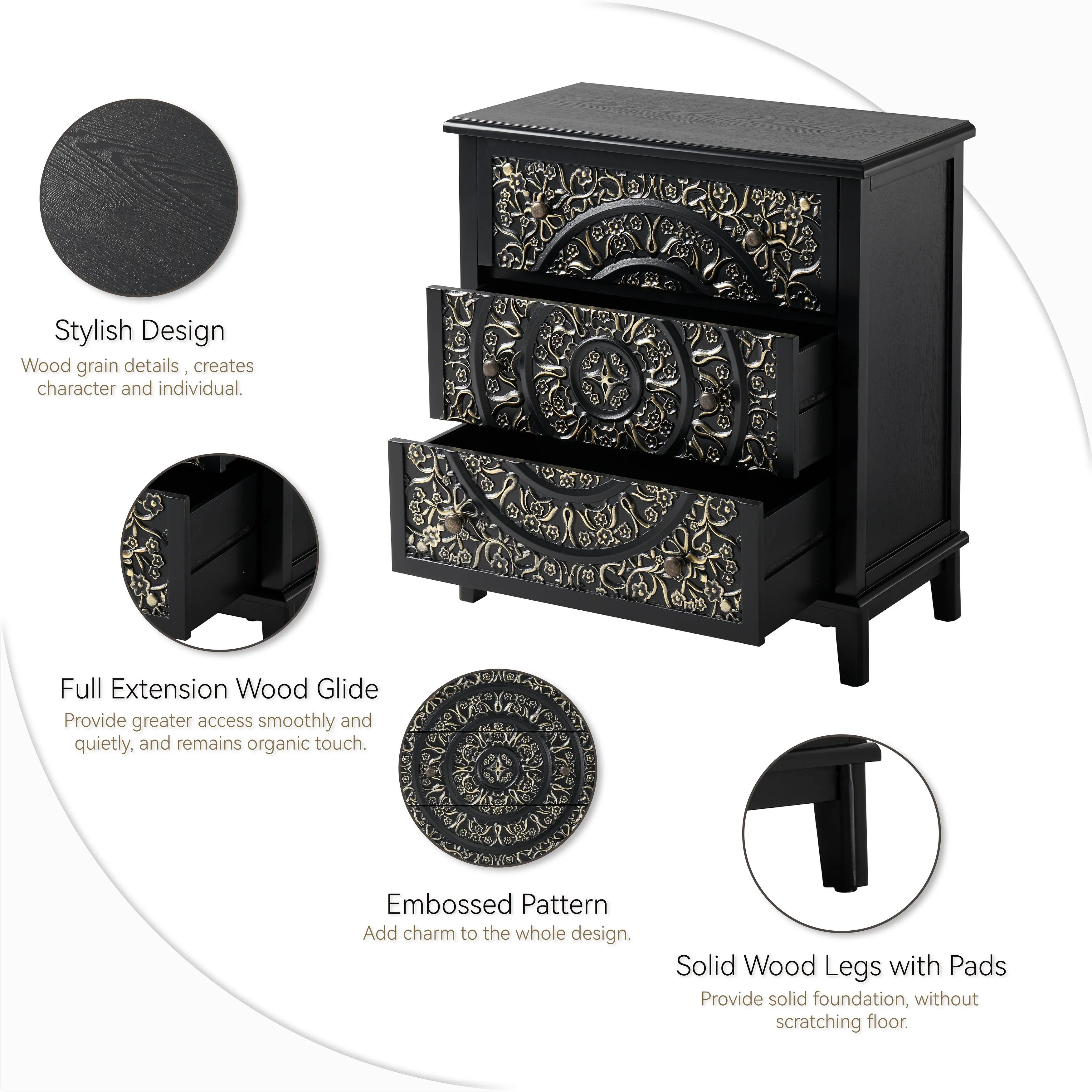 COZAYH Farmhouse Fully-Assembled Nightstand with 2-Drawer, Flower Motif End Table for Small Spaces, French Country