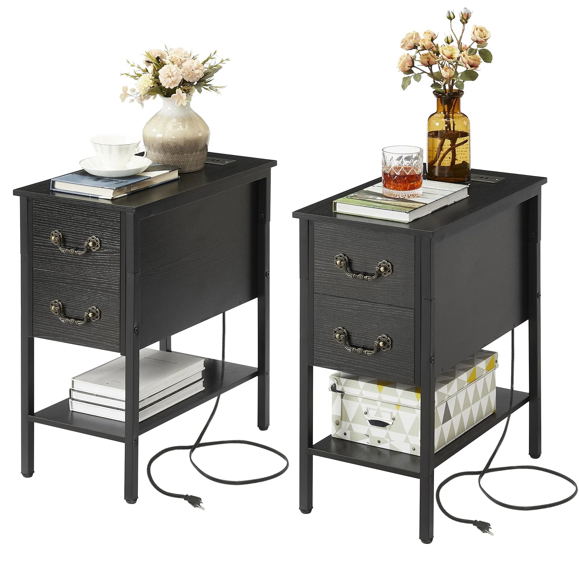 End Table with Charging Station, Narrow Chairside Table with Drawers & USB Ports & Power Outlets, Nightstand for Small Spaces