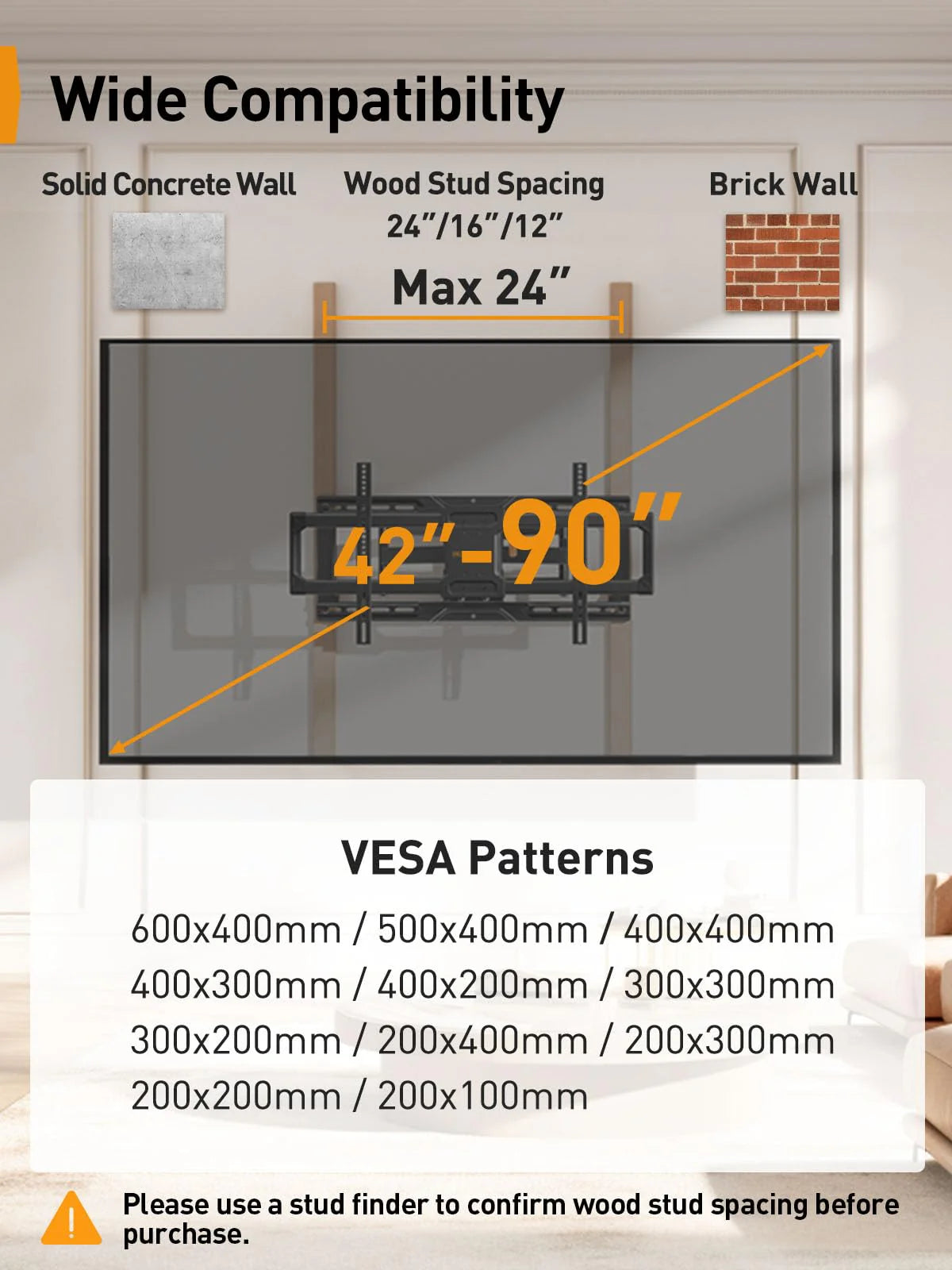 PERLEGEAR UL-Listed Full Motion TV Wall Mount for 42-90" TVs