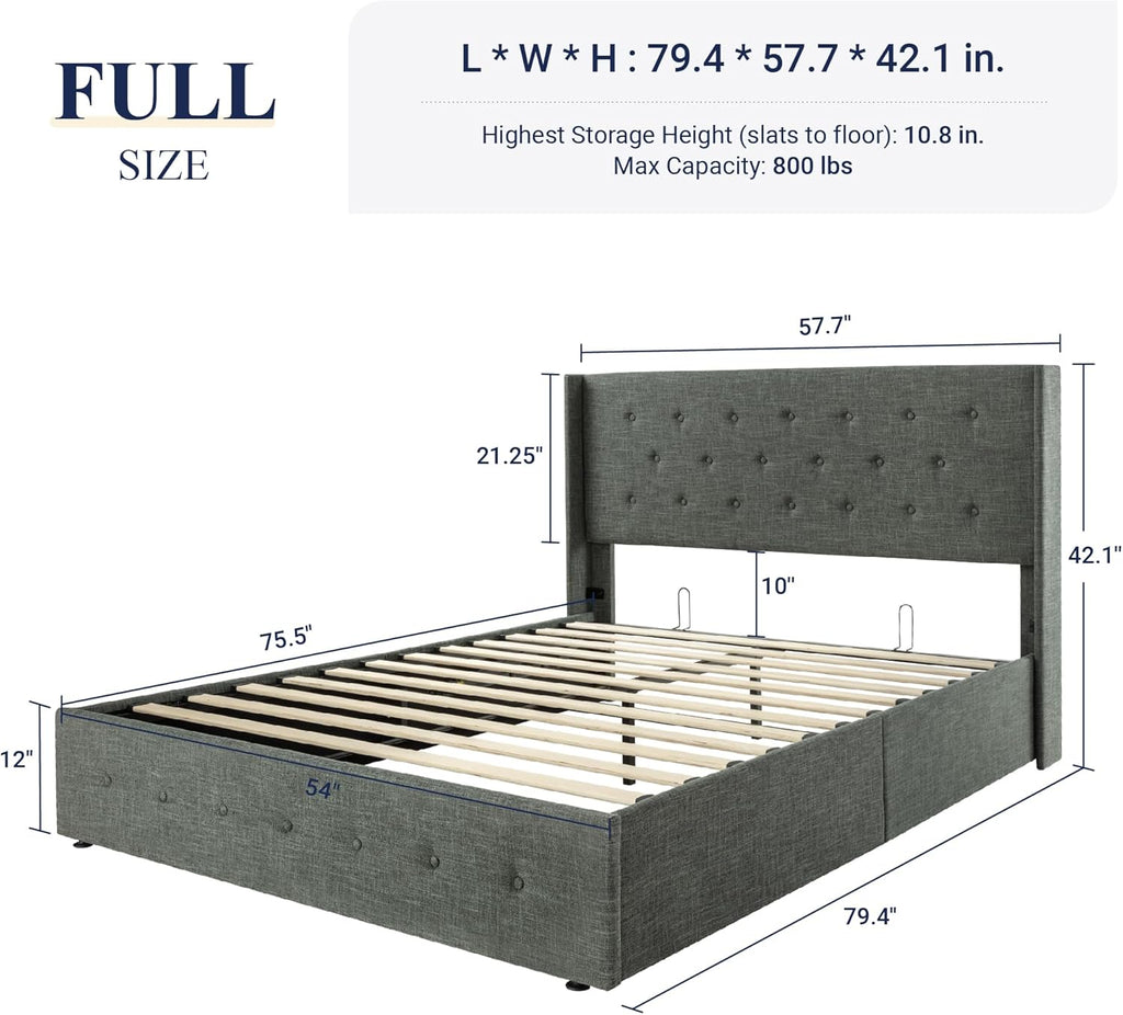ALLEWIE Queen Size Lift Up Storage Bed with Wingback Headboard