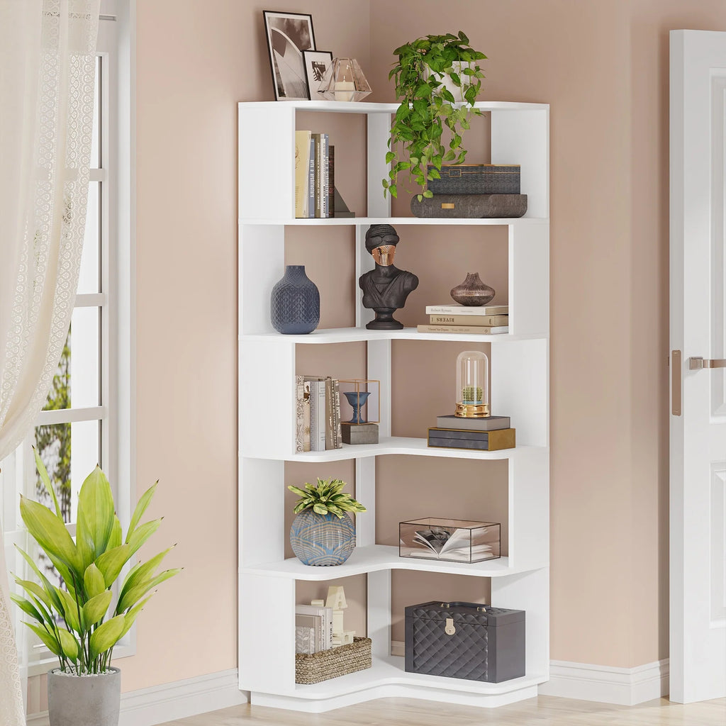 6-Tier Corner Book Shelf, 64.9Tall Freestanding Wood Industrial Bookcase Bookshelf