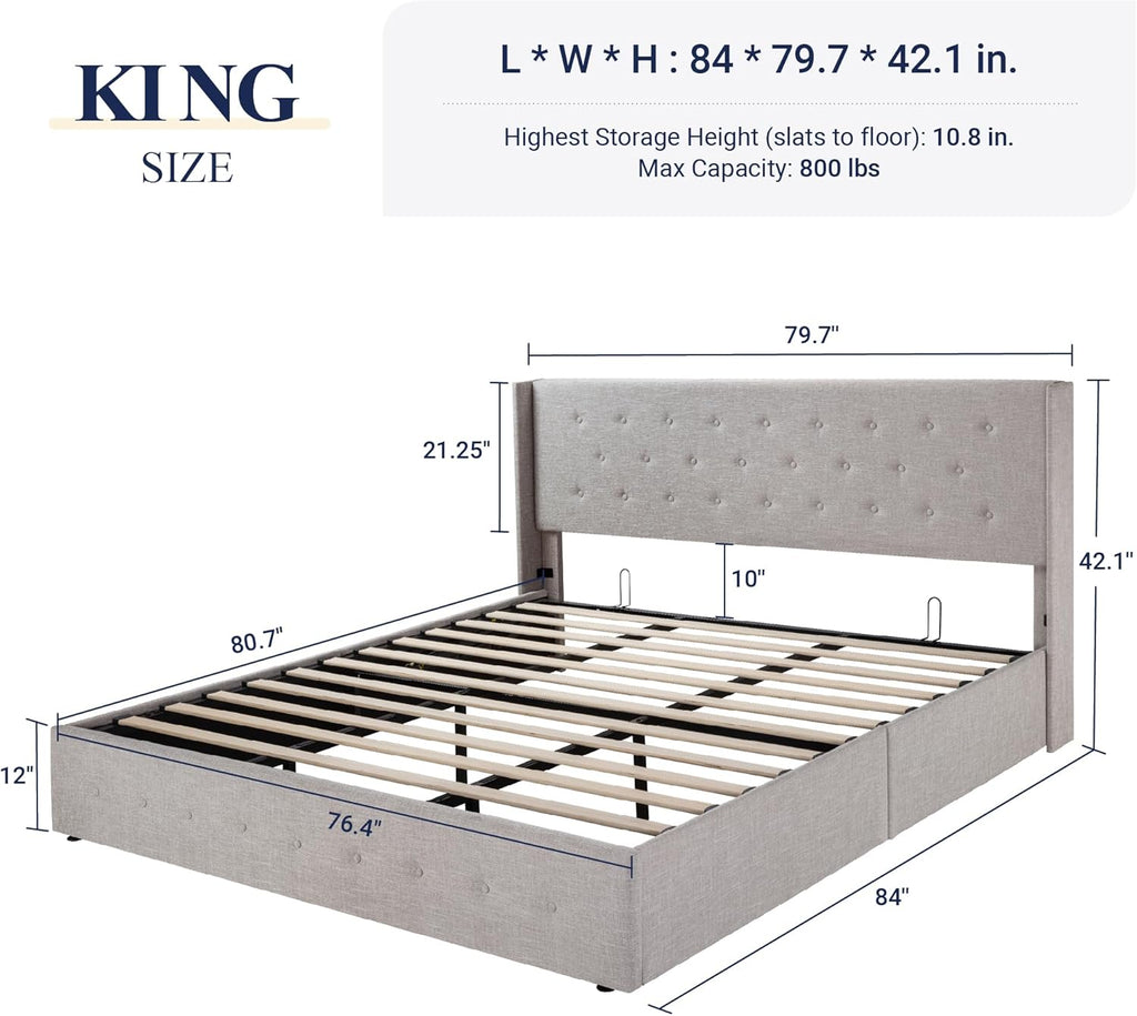 ALLEWIE Queen Size Lift Up Storage Bed with Wingback Headboard