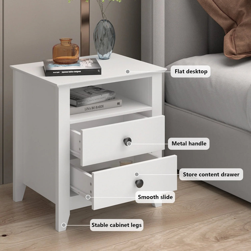 Timechee 21.7'' Tall 2 - Drawer 1- Shelf Nightstand in White End Table