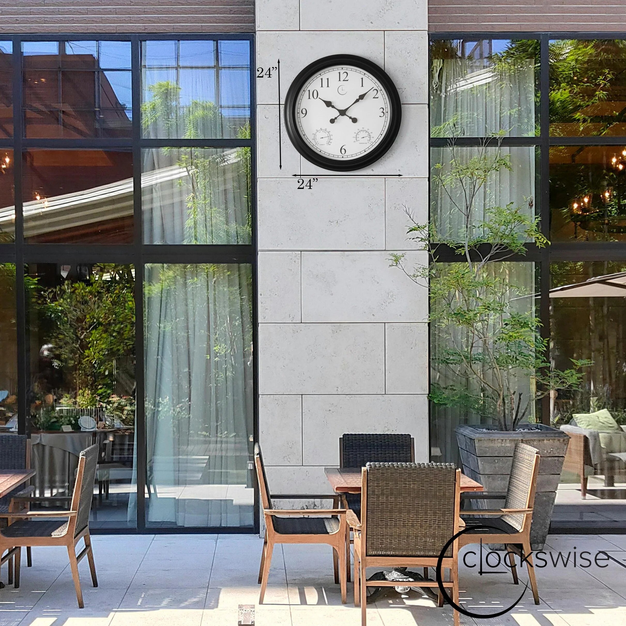 Large Outdoor Wall Clock Thermometer Combo, Waterproof Silent Garden Weather Station Home Indoor Patio Pool Black