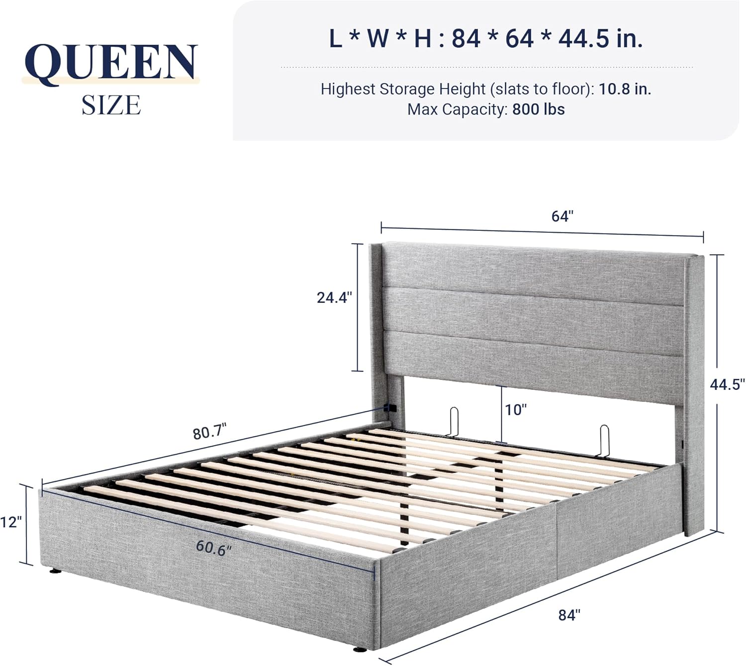 ALLEWIE Queen Size Lift Up Storage Bed with Wingback Headboard