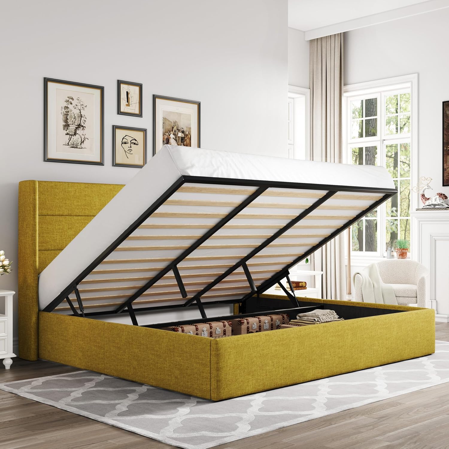 ALLEWIE Queen Size Lift Up Storage Bed with Wingback Headboard