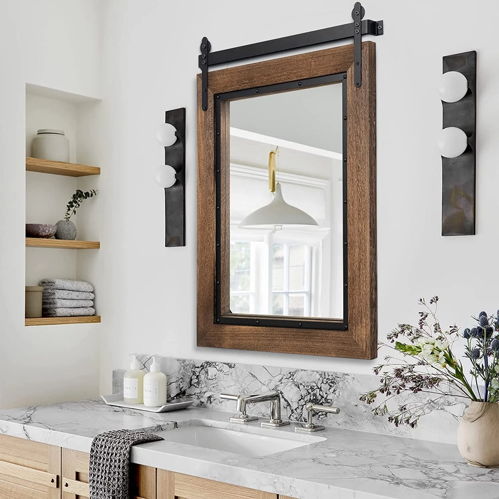 Farmhouse Barn Door Style Natural Wood Bathroom Vanity Wall Mirror